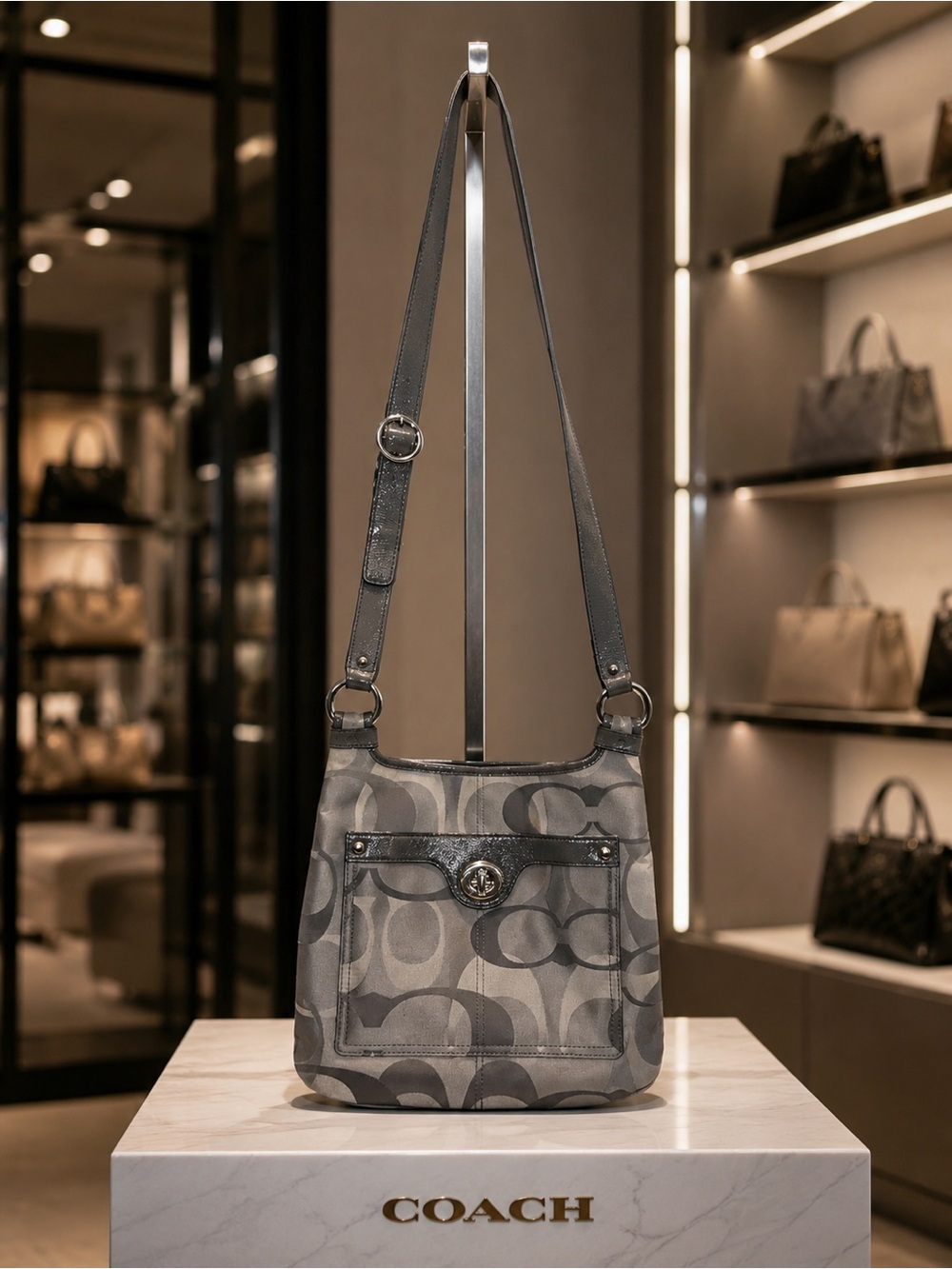 Coach Gray Signature Canvas Crossbody with Metallic Trim